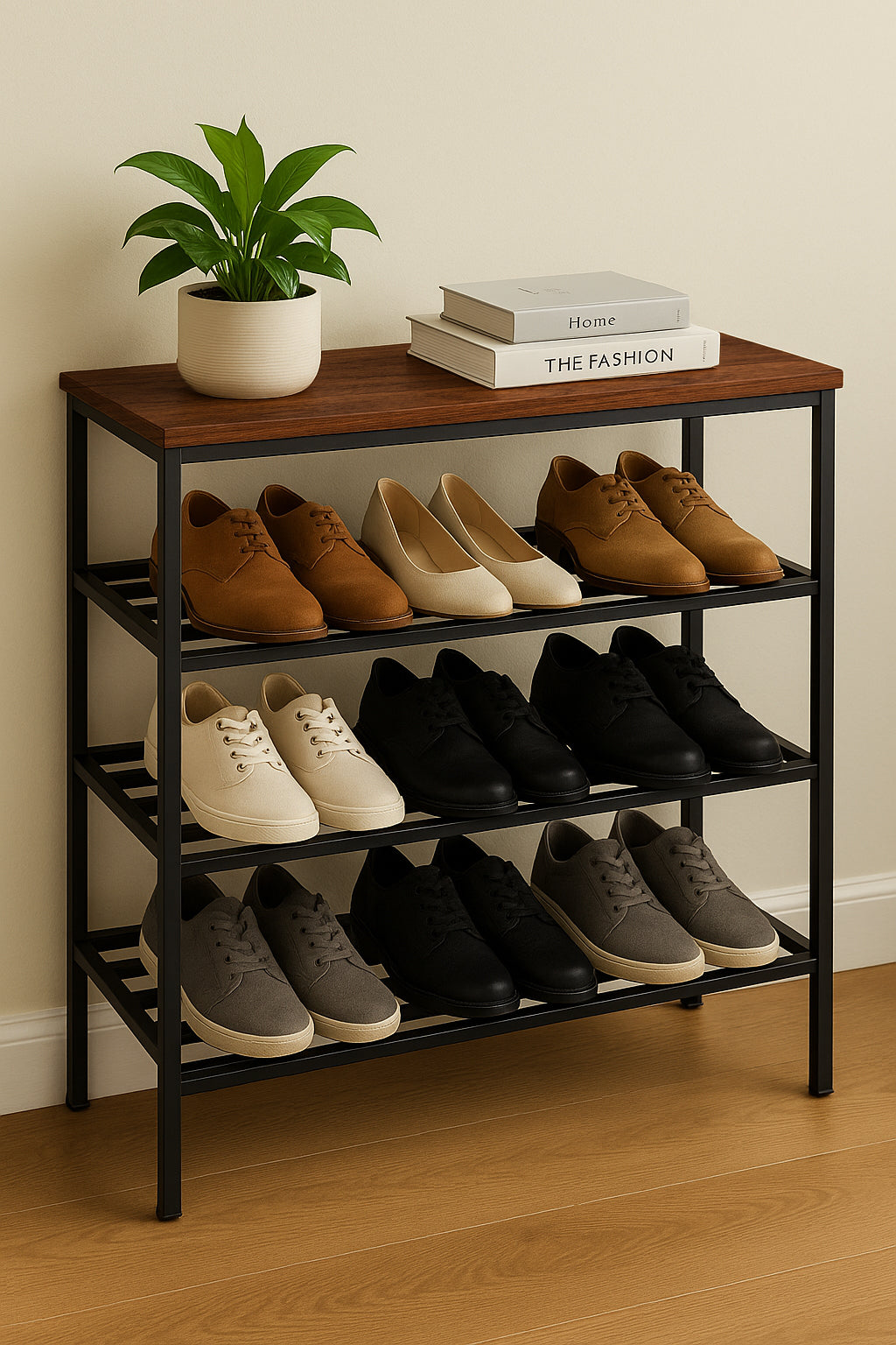 Shoe Rack with Wooden Top, Shoe Rack Storage Organizer 5-Tier, for Closet Entryway, Bedroom, 4 black steel frame shelves and a smooth counter wooden top