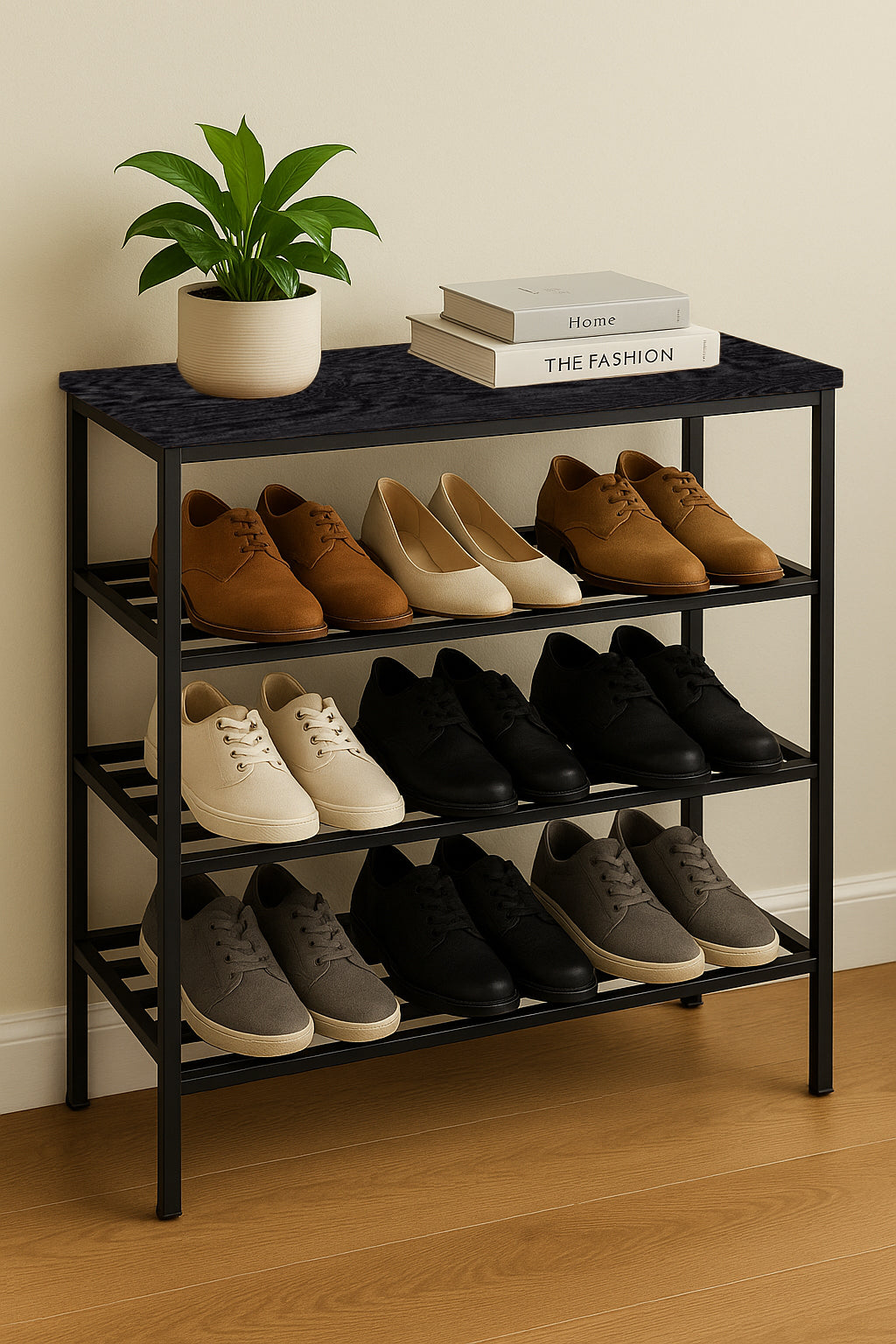 Shoe Rack with Wooden Top, Shoe Rack Storage Organizer 5-Tier, for Closet Entryway, Bedroom, 4 black steel frame shelves and a smooth counter wooden top