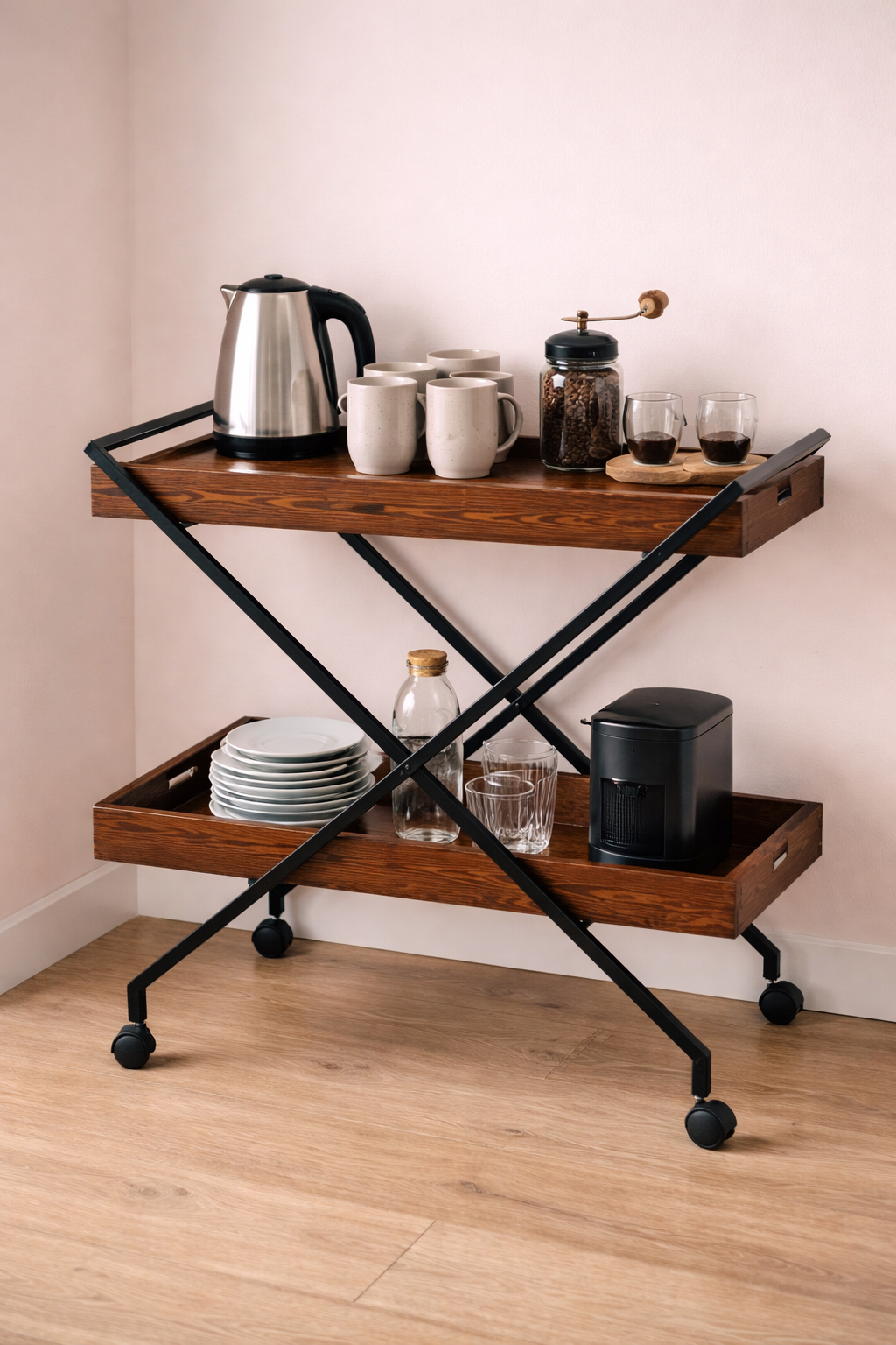 X-Coffee Serving Cart with Wheels - Side Table and Practical Drink Cart for Home and Office