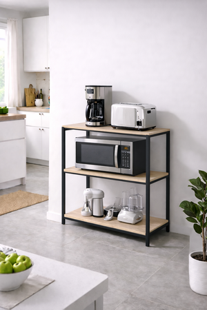 A sturdy and practical kitchen rack designed to organize your appliances and keep your space clutter-free. Built with a durable metal frame and smooth wooden surfaces, it provides a clean, modern look while offering plenty of storage for daily essentials. 