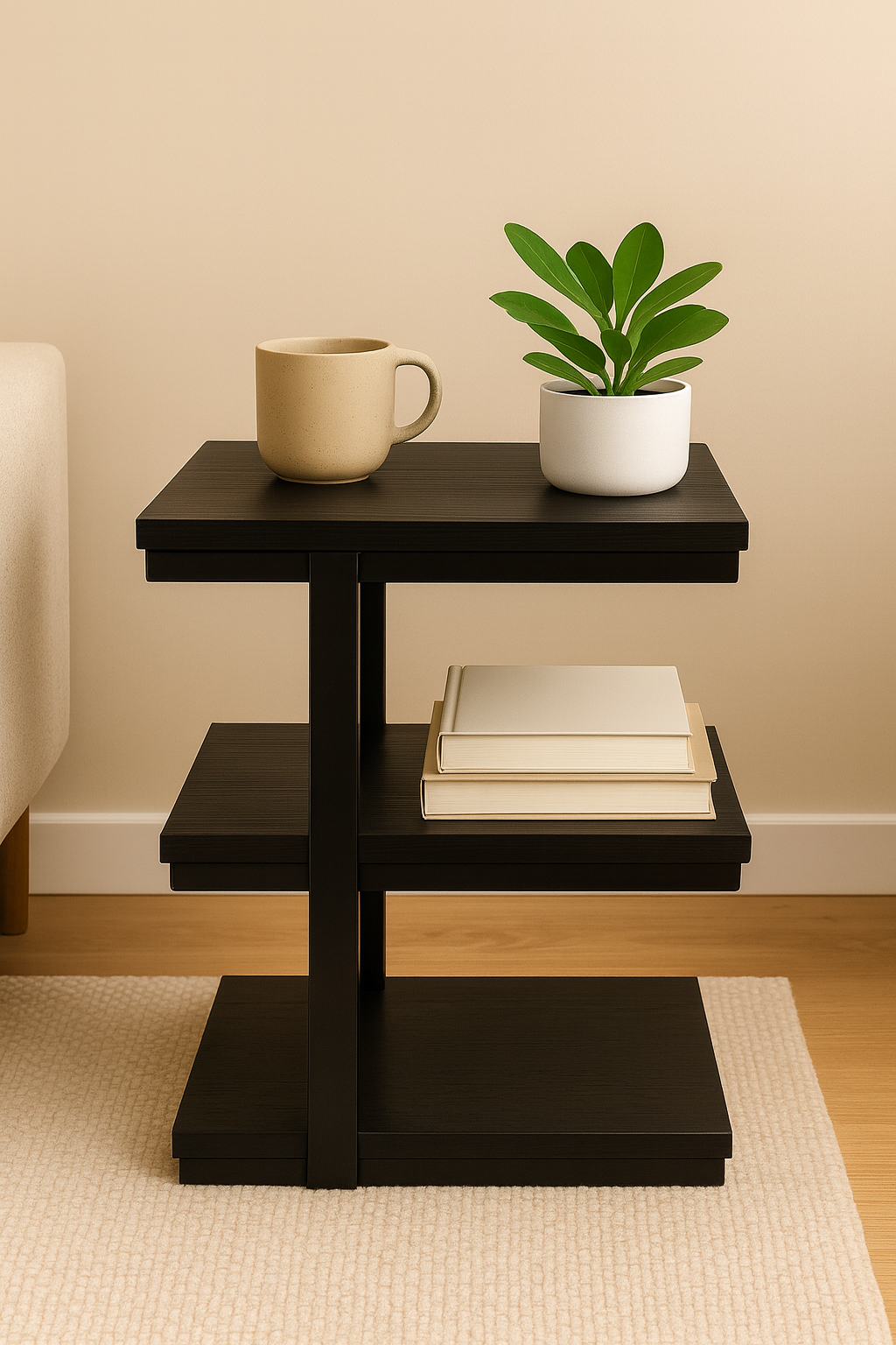 Black side table with 3 wooden shelves