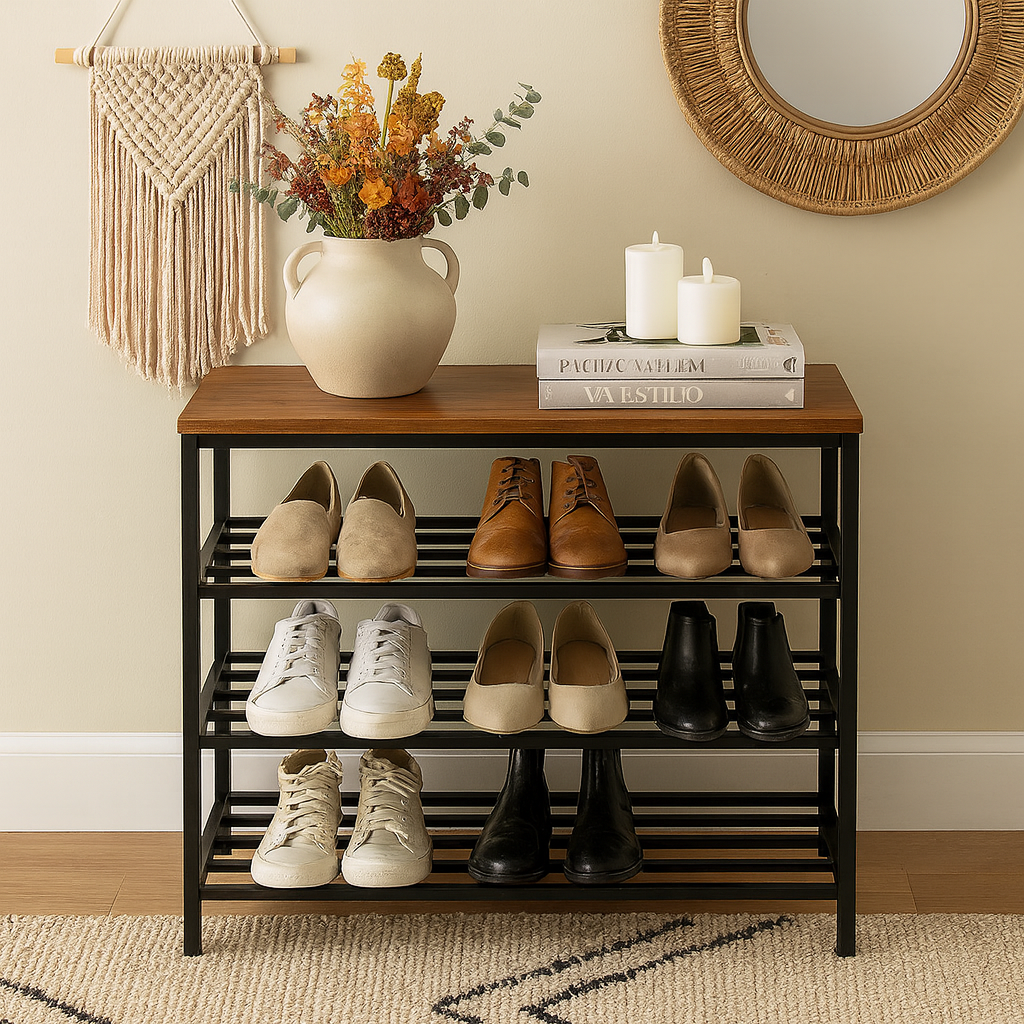 Shoe Rack with Wooden Top, Shoe Rack Storage Organizer 5-Tier, for Closet Entryway, Bedroom, 4 black steel frame shelves and a smooth counter wooden top