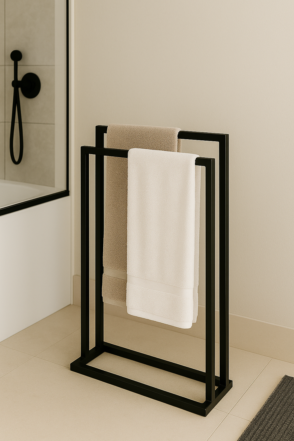 Black towel rack with a white towel in a bathroom setting