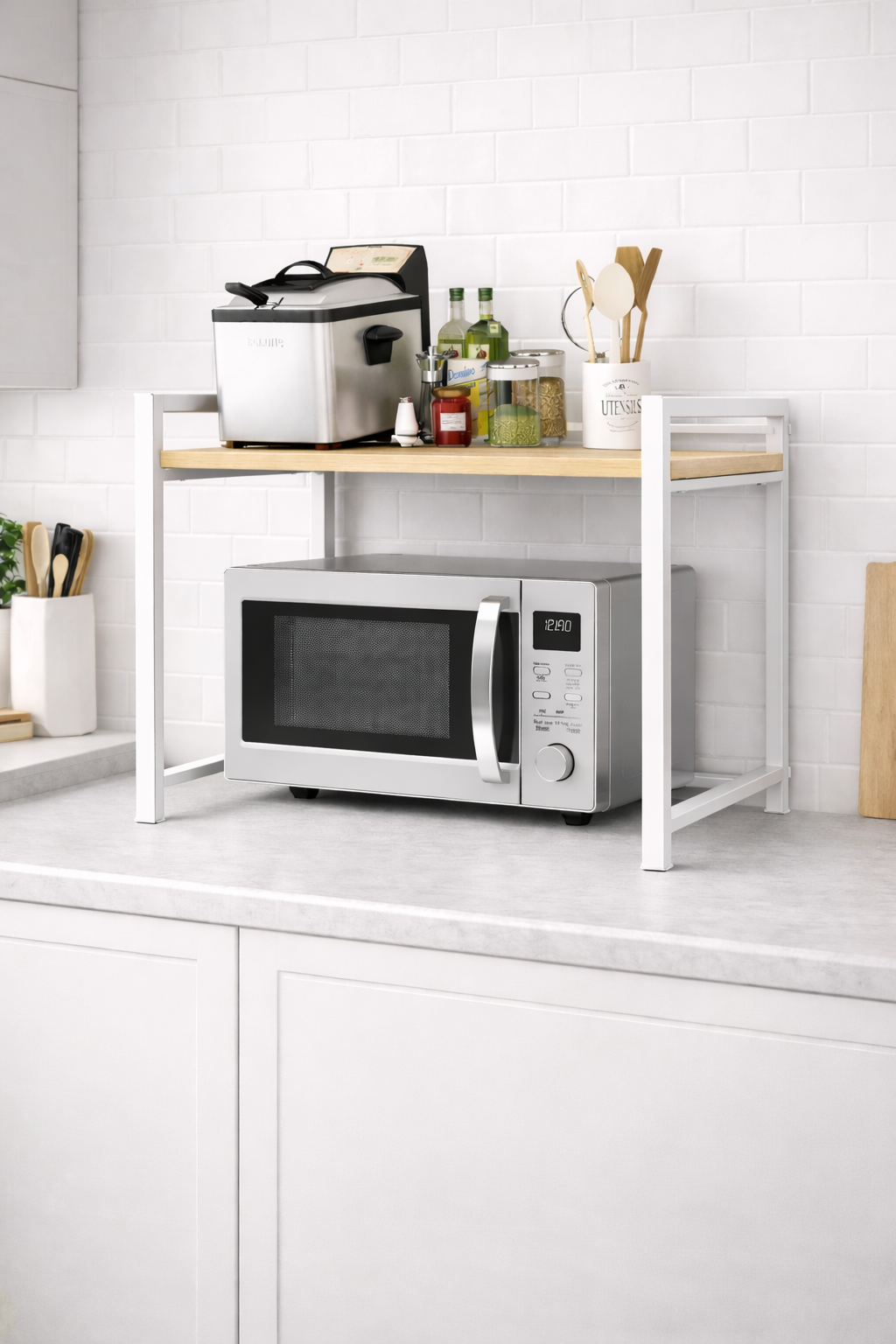 Microwave Oven Organizer Rack for Kitchen Counter - Double Platform for Extra Storage - stability and a clean modern look for your kitchen. (No Wheels, 1 Shelf)