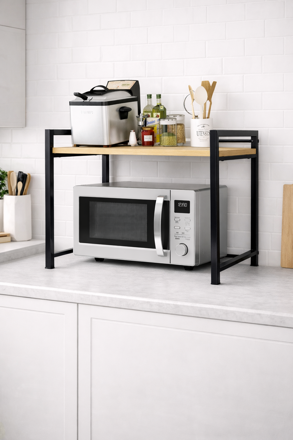 Microwave Oven Organizer Rack for Kitchen Counter - Double Platform for Extra Storage - stability and a clean modern look for your kitchen. (No Wheels, 1 Shelf)