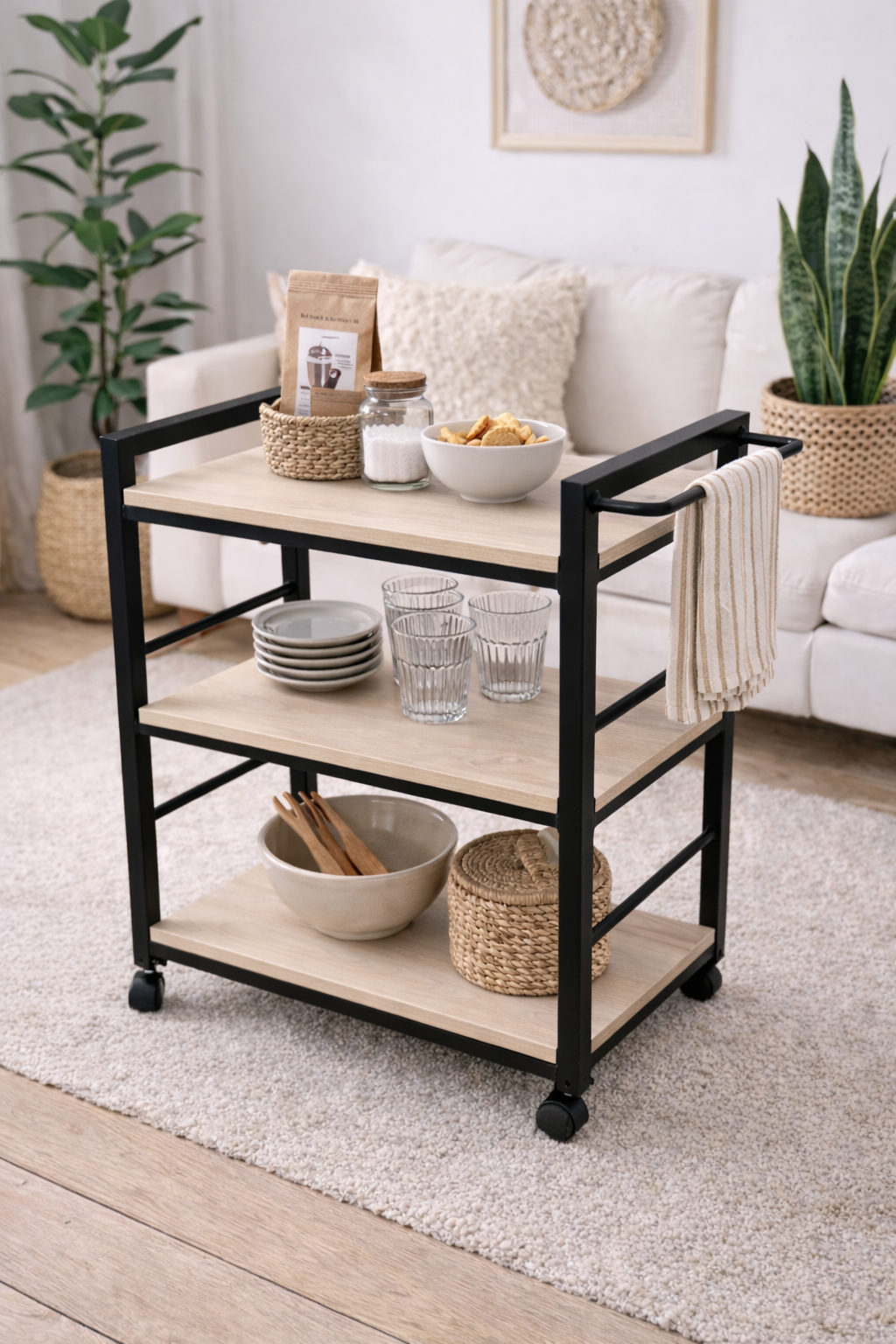 Kitchen Serving Cart with Removable Tray, 3-Tier Kitchen, Utility Storage Trolley on Wheels with Brakes and Adjustable Feet