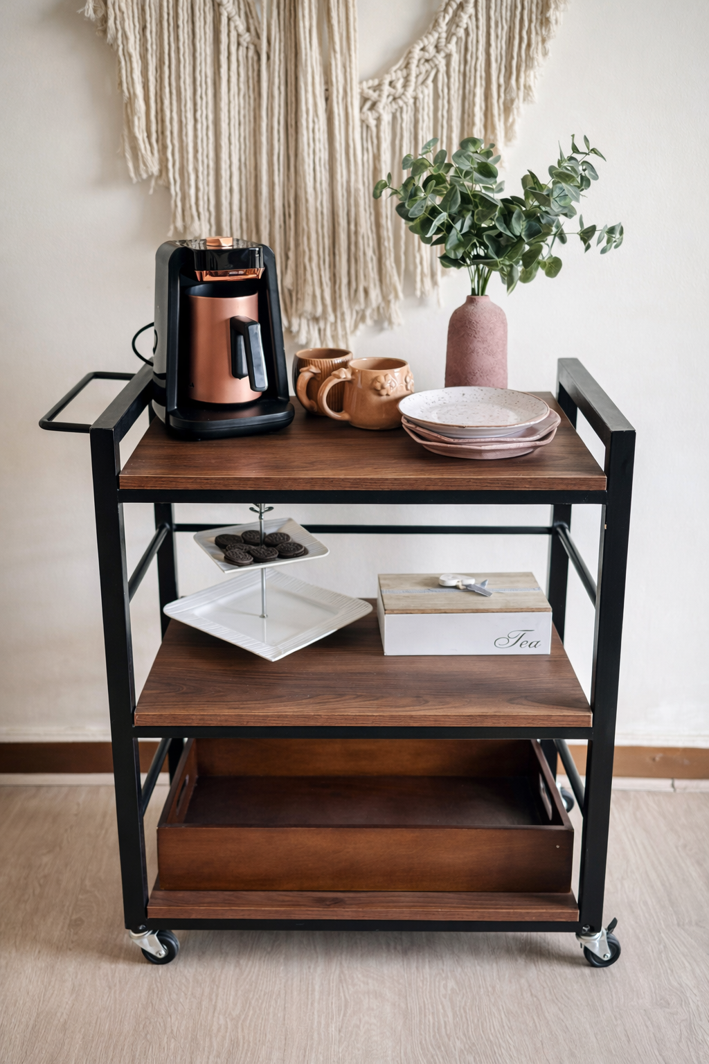 Kitchen Serving Cart with Removable Tray, 3-Tier Kitchen, Utility Storage Trolley on Wheels with Brakes and Adjustable Feet