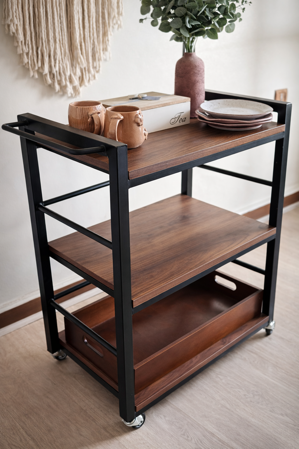 Kitchen Serving Cart with Removable Tray, 3-Tier Kitchen, Utility Storage Trolley on Wheels with Brakes and Adjustable Feet