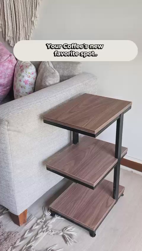 Modern Multipurpose Side Table 3 tiers black steel frame + brown counter wood shelves