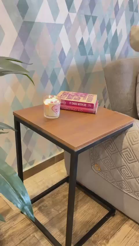Modern Side Table ,C-Shaped end Table for Sofa and Bed, Used for Small Space in Living Room and Bedroom, Strong steel frame with wooden surface, black steel frame, durable wooden top, color wood (black - Brown - Beige)